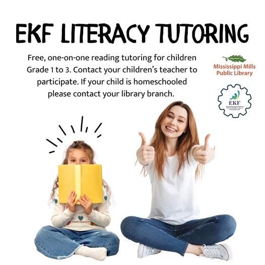 Poster promoting Mississippi Mills Public Library's EKF Literacy Tutoring
