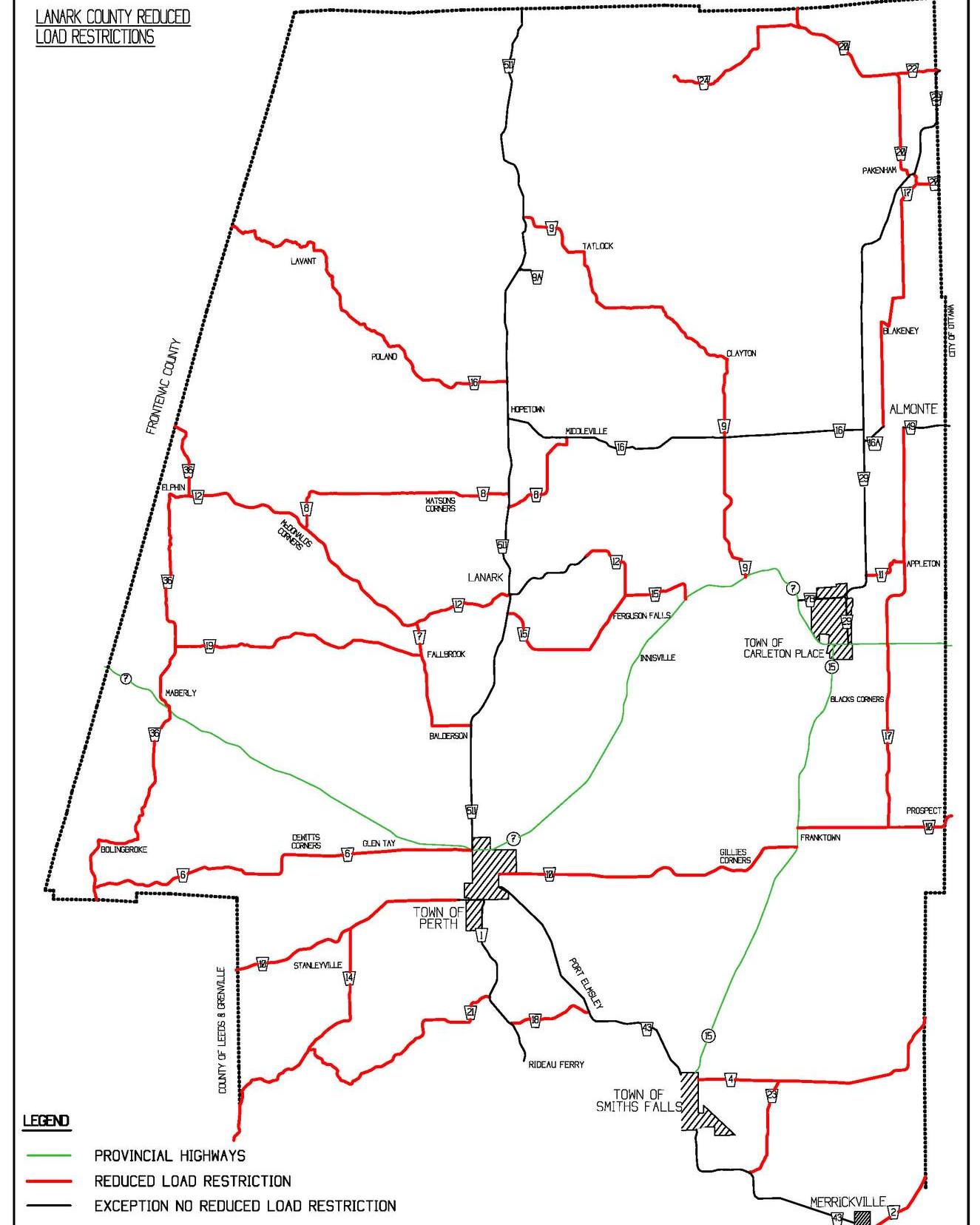 Map showing Lanark County reduced load restrictions for 2025