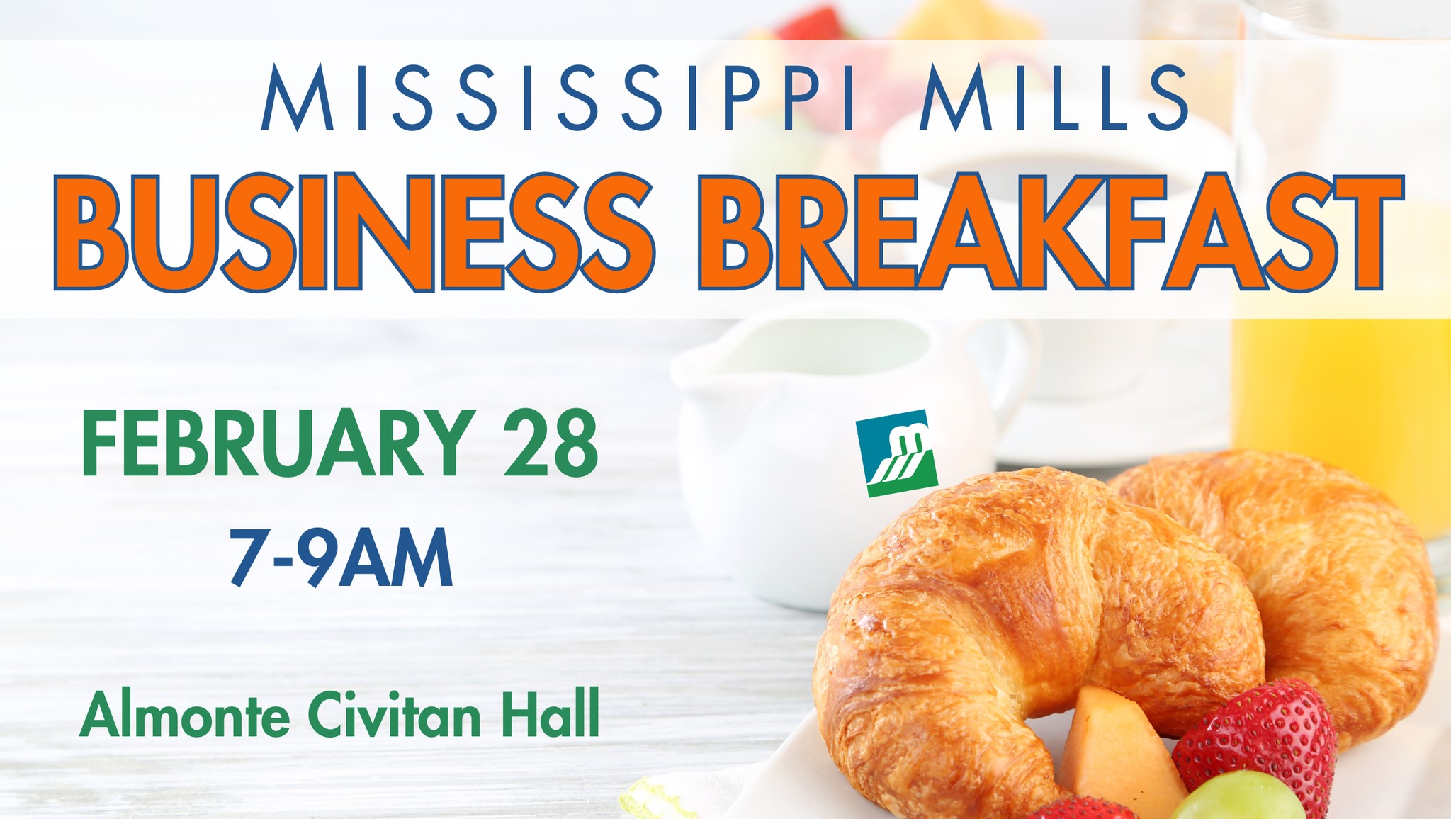 Graphic featuring breakfast foods and the text 'Mississippi Mills Business Breakfast September 20'