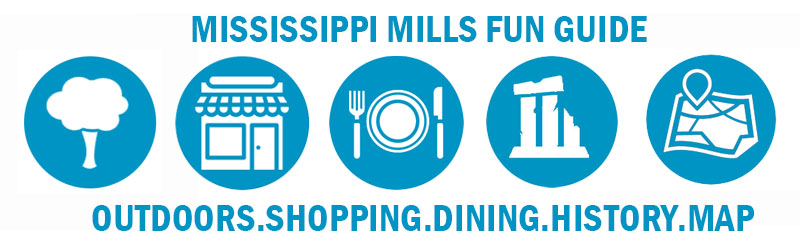 Icons that read Mississippi Mills Fun Guide: Outdoors, shopping, dining, history, map