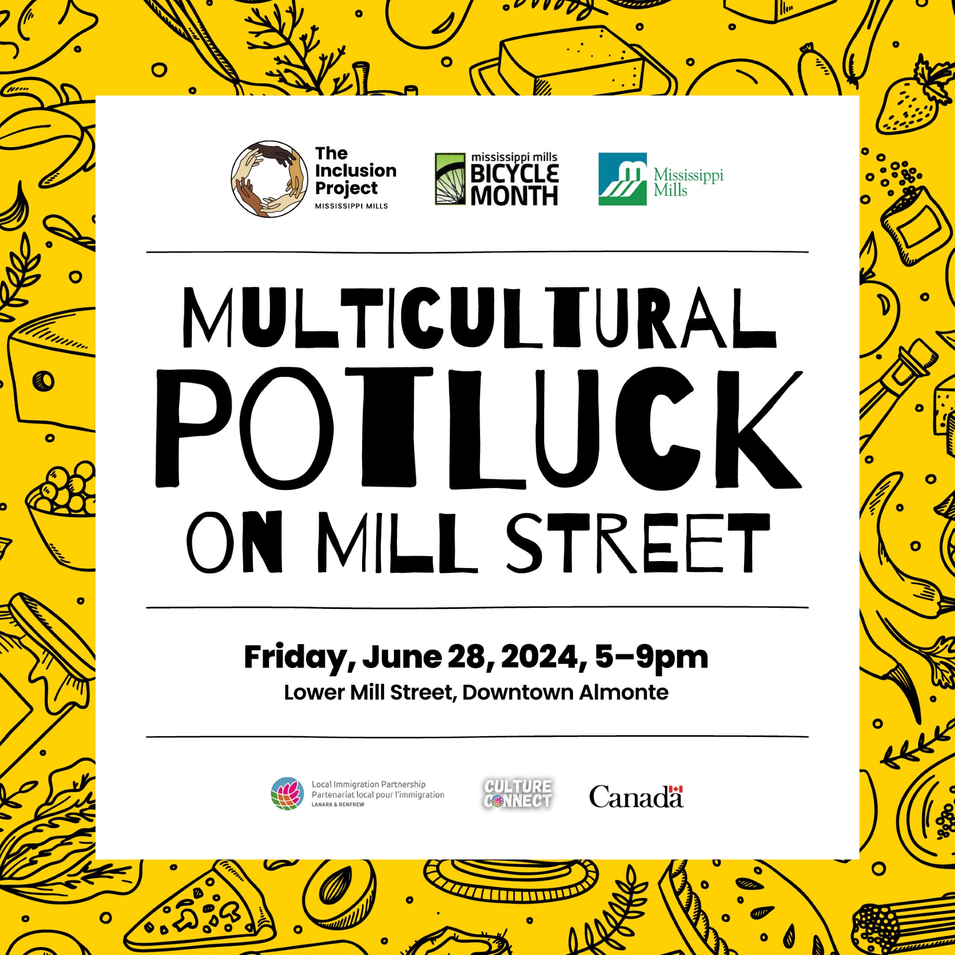 Graphic with black and yellow frame with the text 'Multicultural Potluck'