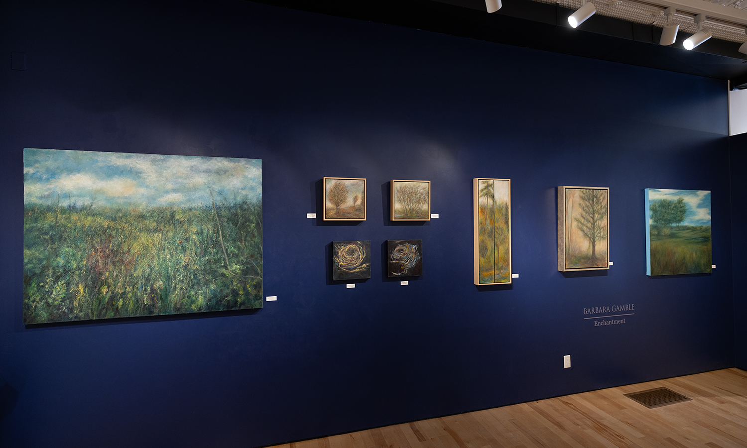 Dark blue gallery walls hold various sizes of landcape paintings