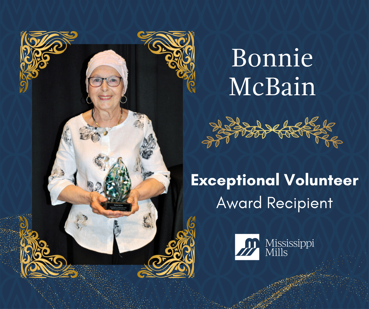 Navy background with gold accents displays a woman in a pale pink cap and glasses, wearing a white floral shirt and holding an award. White text reads 'Bonnie McBain - Exceptional Volunteer Award Recipient.'