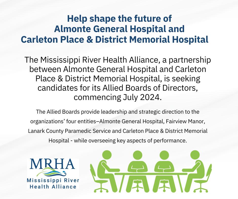 White, green and blue infographic with green graphic of four people sitting at a table, advertising Mississippi River Health Alliance seeking board members