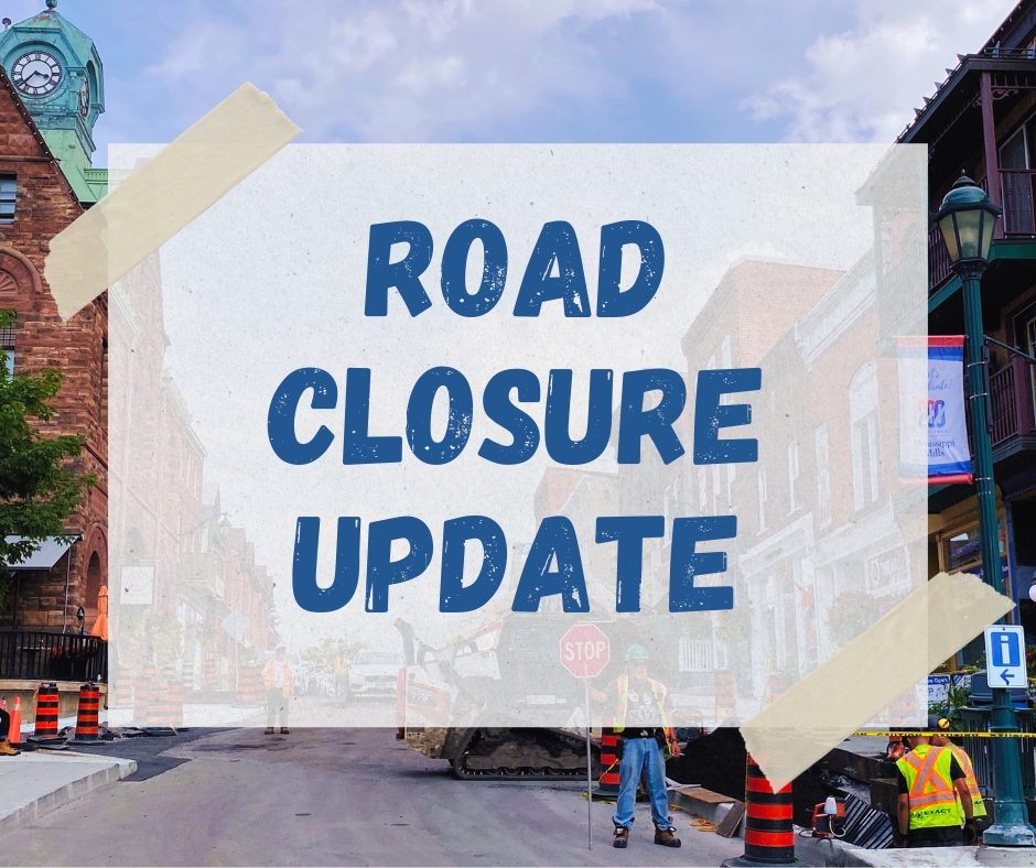 Picture of construction with text reading road closure update
