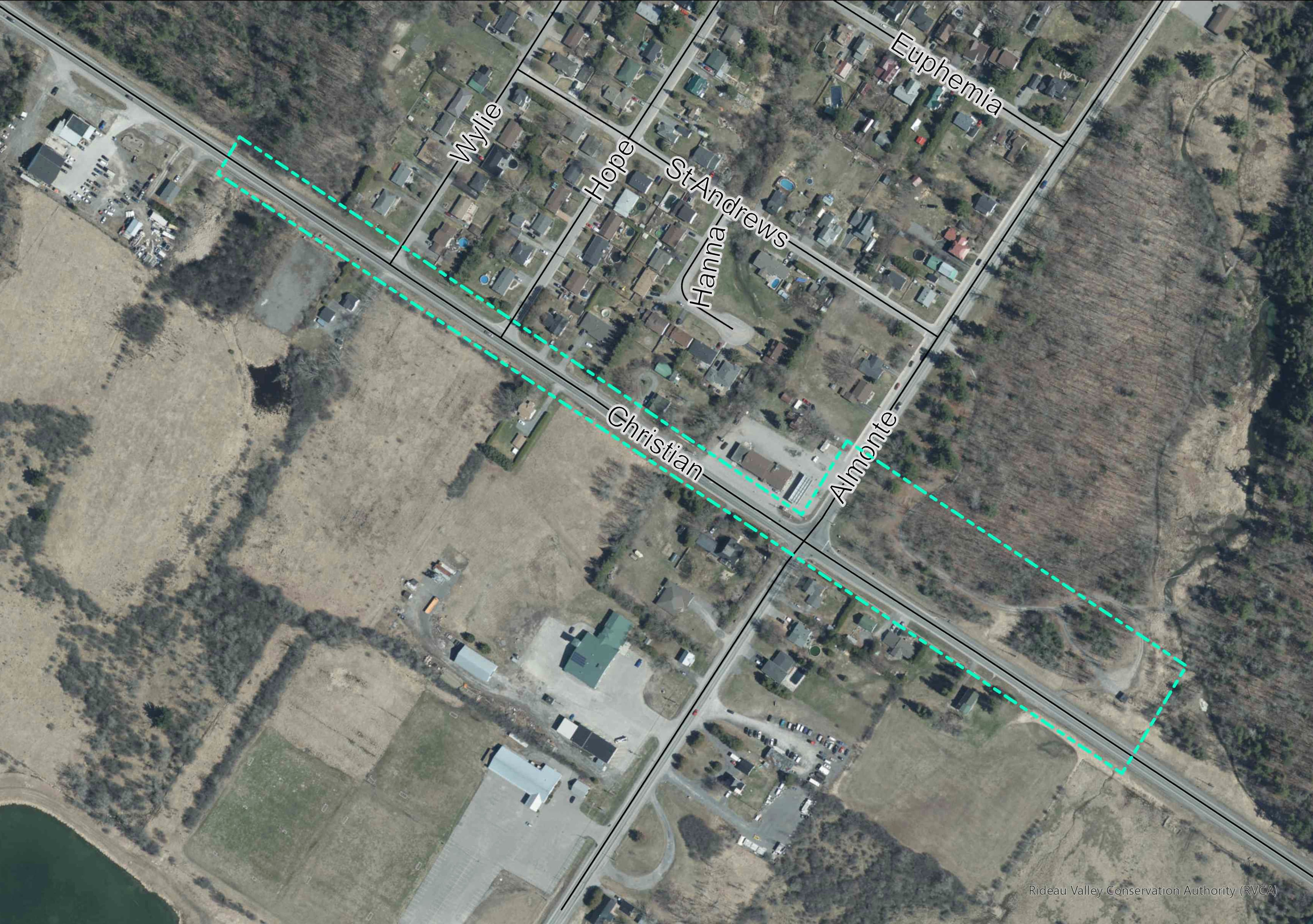 Satellite view of County Road 29 in Mississippi Mills with blue hatched area