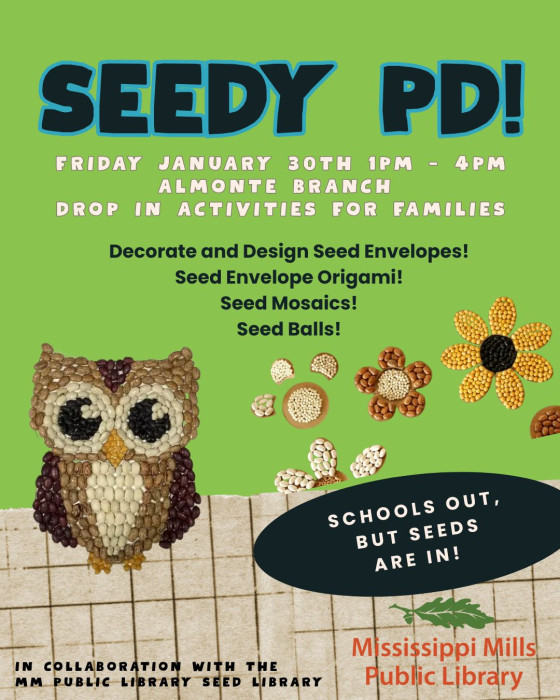 Graphic promoting Mississippi Mills Public Library's Seedy PD event