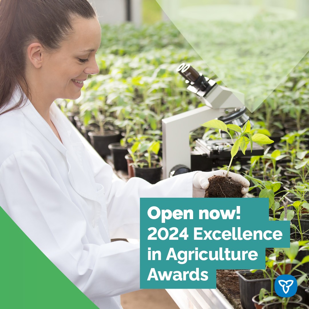 Woman holding a seedling plant with a microscope next to her. Text reads 'Excellence in Agriculture Awards'