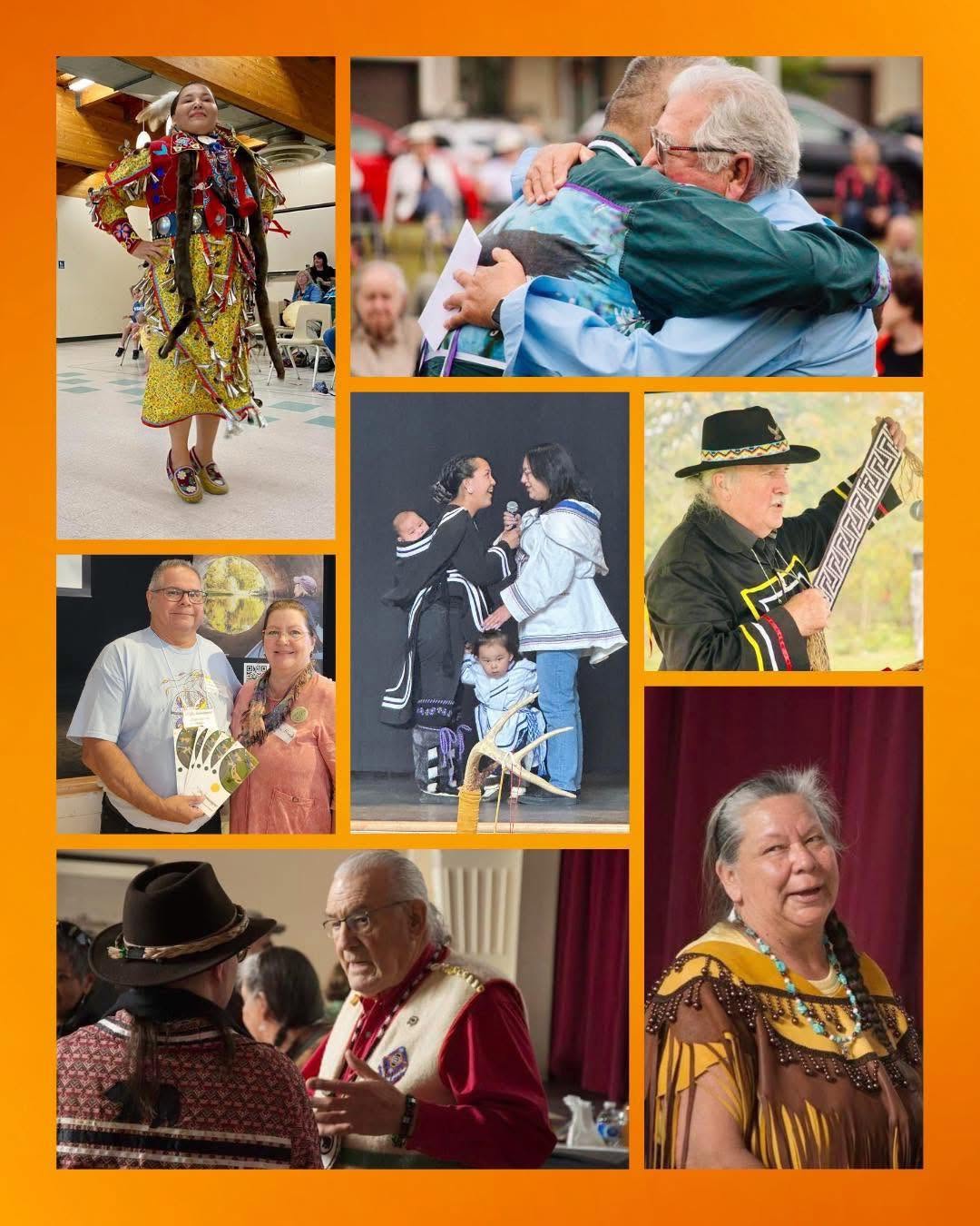 Collage of photographs from Indigenous celebrations. From top left: An Indigenous dancer, two people hugging, a man displays a wampum belt, an Indigenous woman smiles, two people speaking in a room, two people smiling and holding brochures, two people performing with children on a stage.
