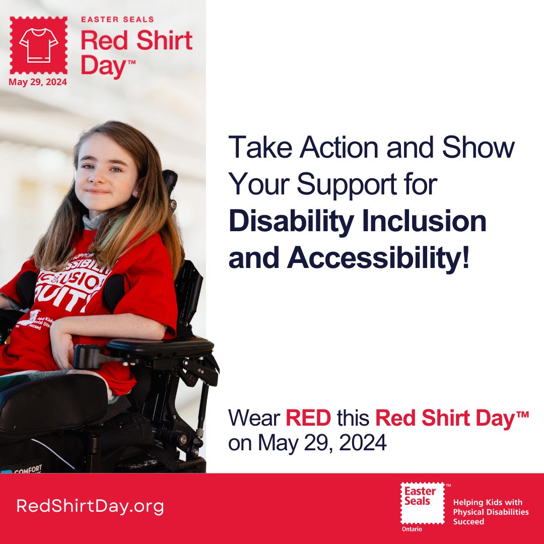 Photo of young girl in wheelchair with the text 'Red Shirt Day'