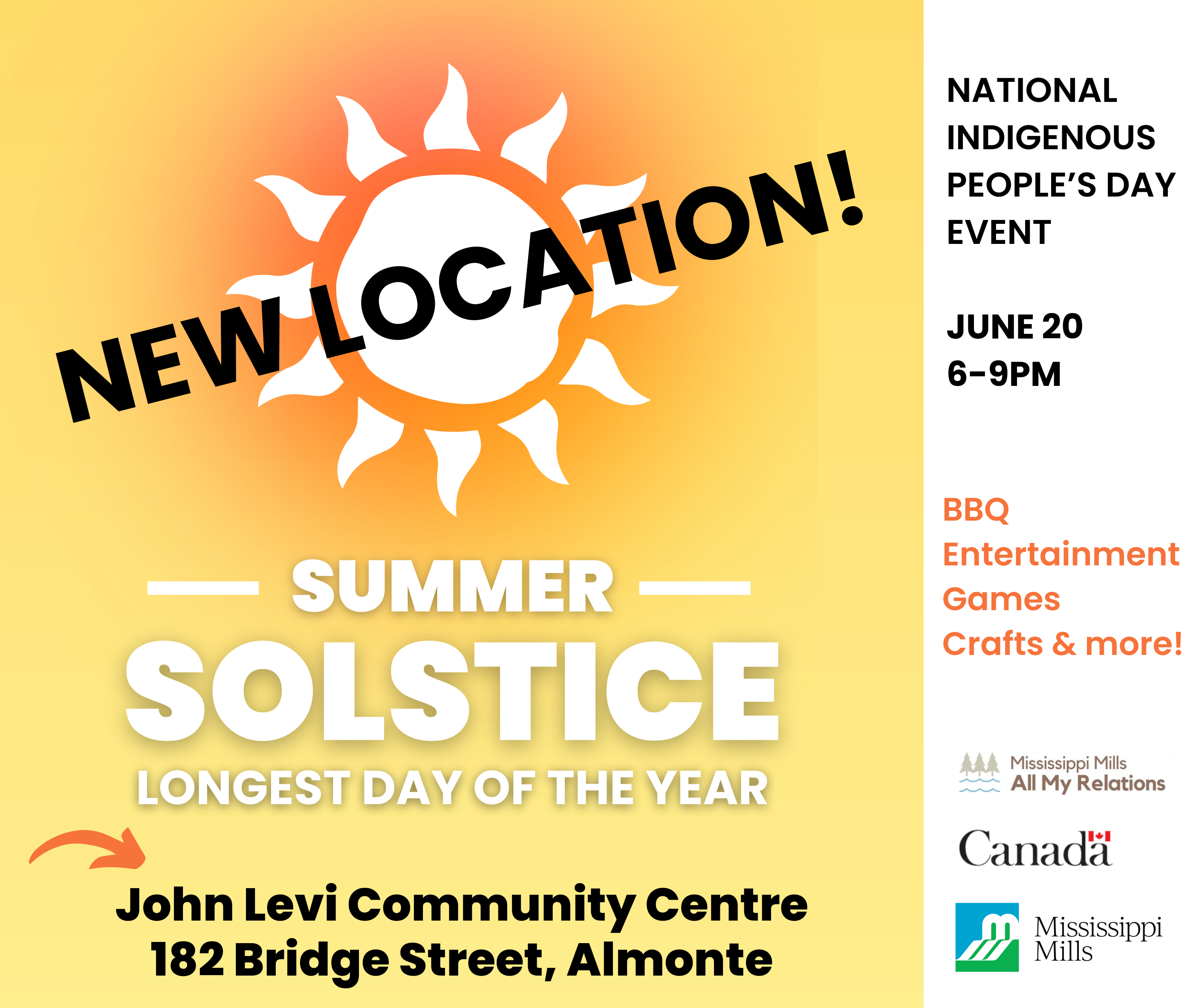 Graphic with yellow sun and the text 'New Location - Summer Solstice Celebration'