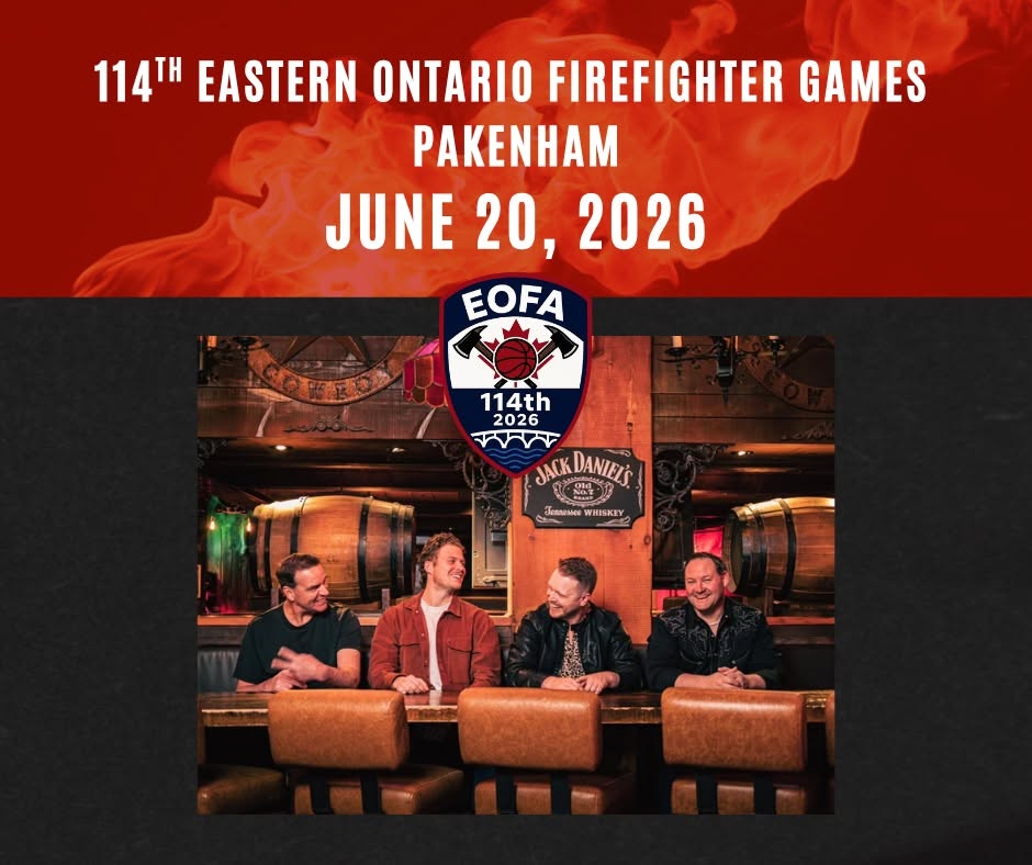 Black and red background with a flame. A photo of four men sitting at a bar. White text reads '114th Eastern Ontario Firefighter Games Pakenham - June 20, 2026.'