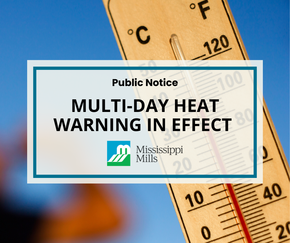A beige thermometer with rising temperatures. A white box with blue border reads 'Public Notice - Multi-Day Heat Warning in Effect.'