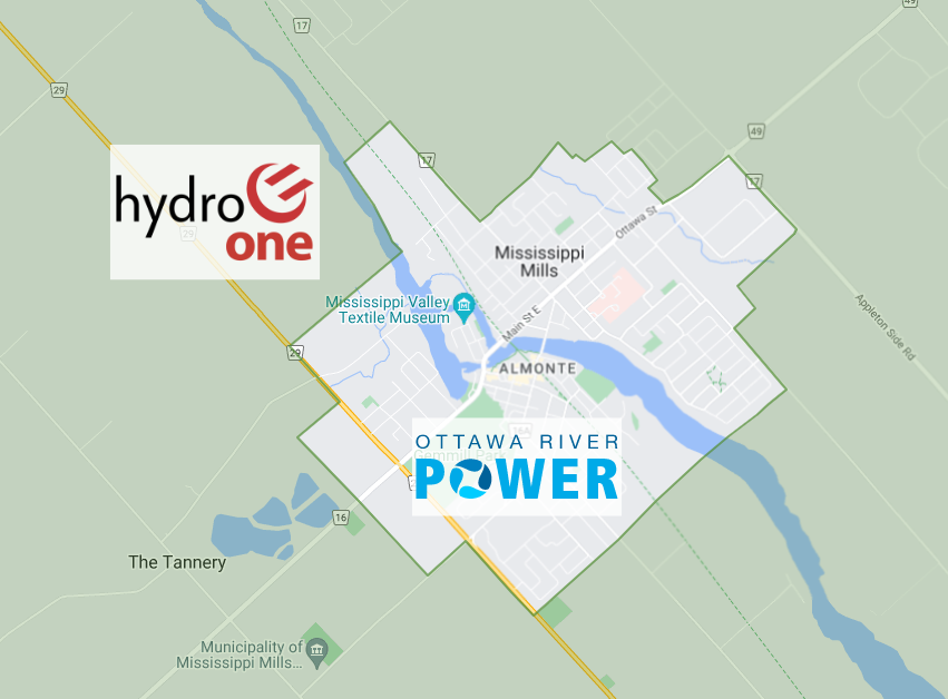 A map of the hydro service areas. ORPC serves within Almonte, whereas Hydro One serves outside of Almonte.
