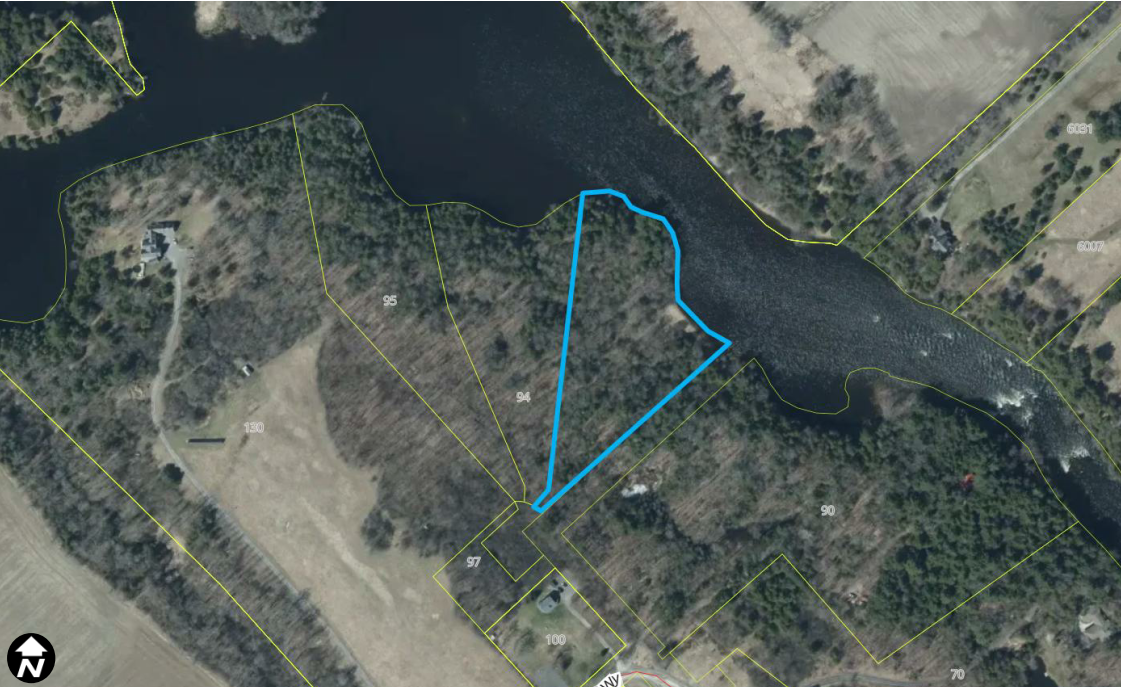 Satellite image of a rural area with lots of trees. A property is outlined in blue.