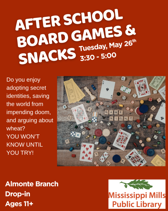 Poster for After School Board Games and Snacks at Mississippi Mills Public Library