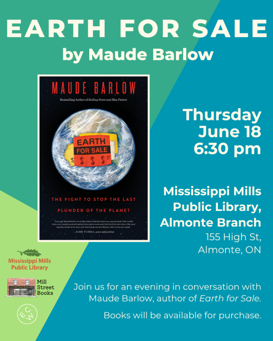 Blue and green poster advertising Earth for Sale author event at Mississippi Mills Public Library