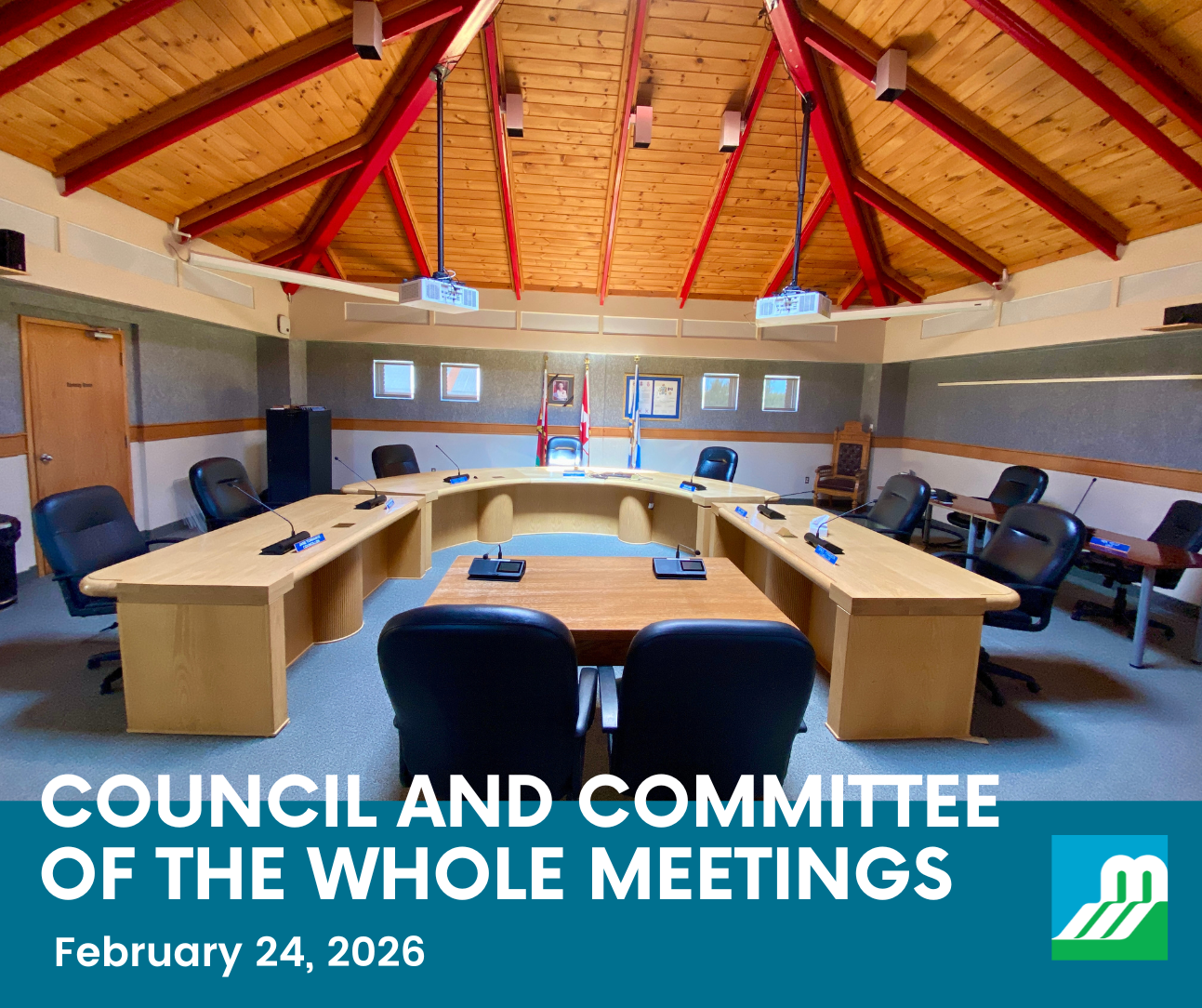 Photo of empty Council Chambers with the text 'Council and Committee of the Whole Meetings - February 24, 2026'