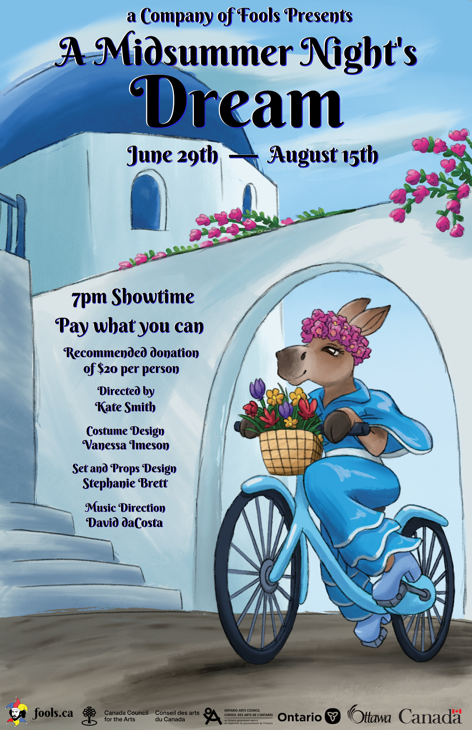 A cartoon poster showing a scene on a Greek island with a donkey wearing a pink floral crown and blue dress, riding a bicycle with a basket of colourful flowers. Blue text reads 'A Company of Fools Presents A Midsummer Night's Dream, June 29 to August 15.'