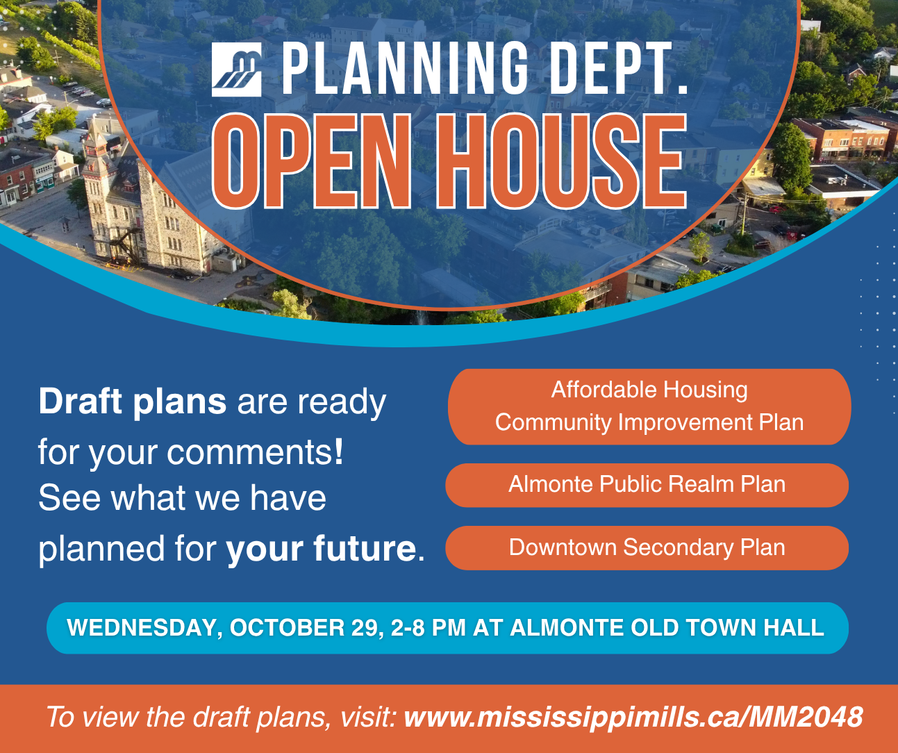 Blue and orange graphic promoting Planning Dept Open House