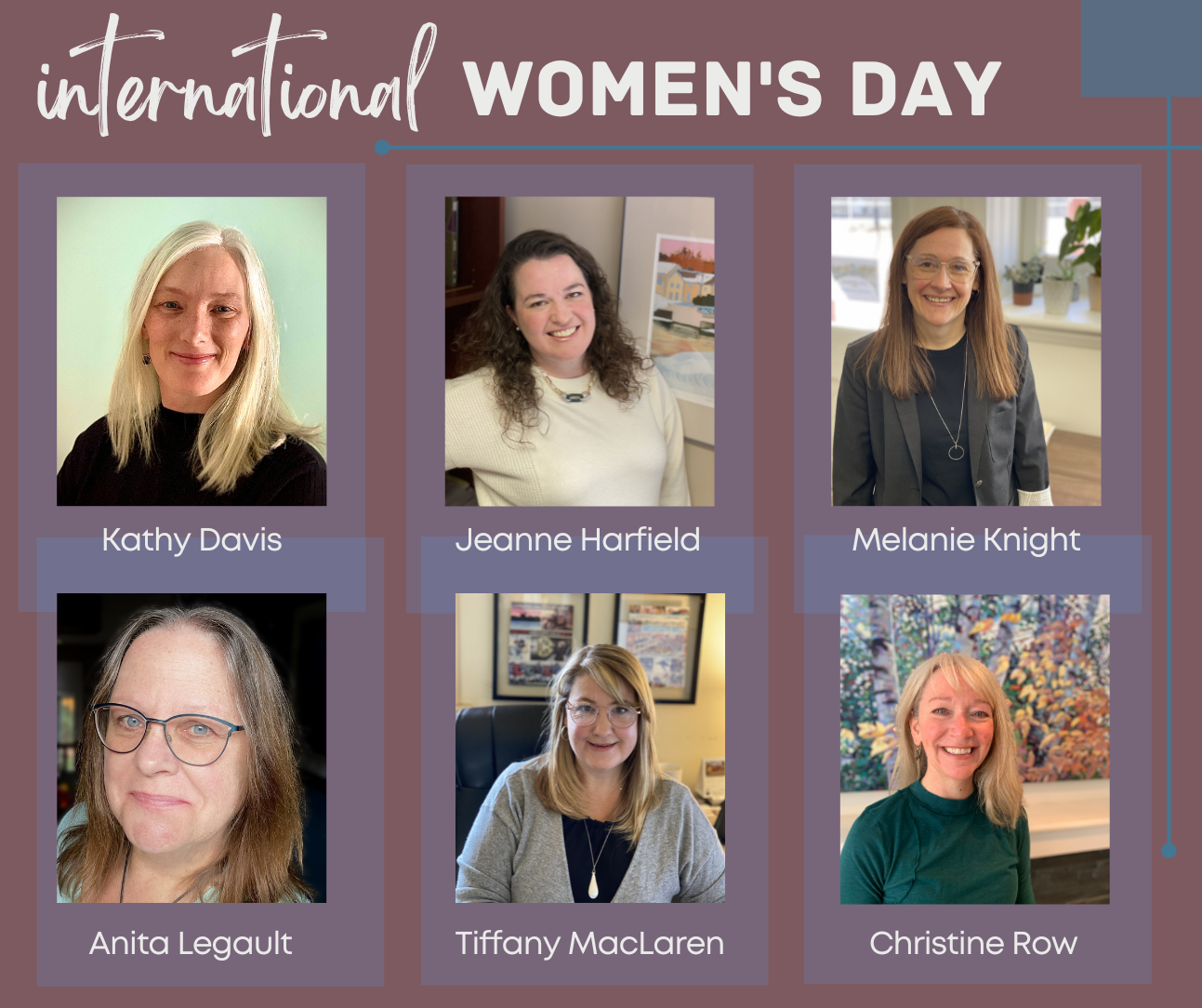 Purple and rose graphic with six photos of women on the Mississippi Mills leadership team for International Women's Day