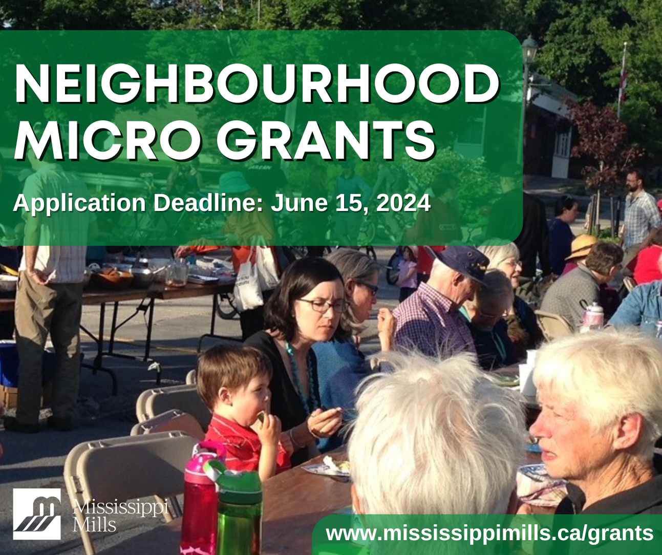 Photo of people sitting at tables outdoors in the sun with a green box and white text reading 'Neighbourhood Micro Grants, Application Deadline: June 15, 2024'