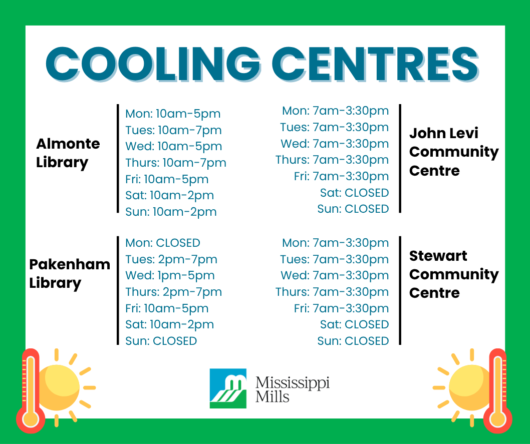 Blue, green and white graphic with municipal cooling centre hours