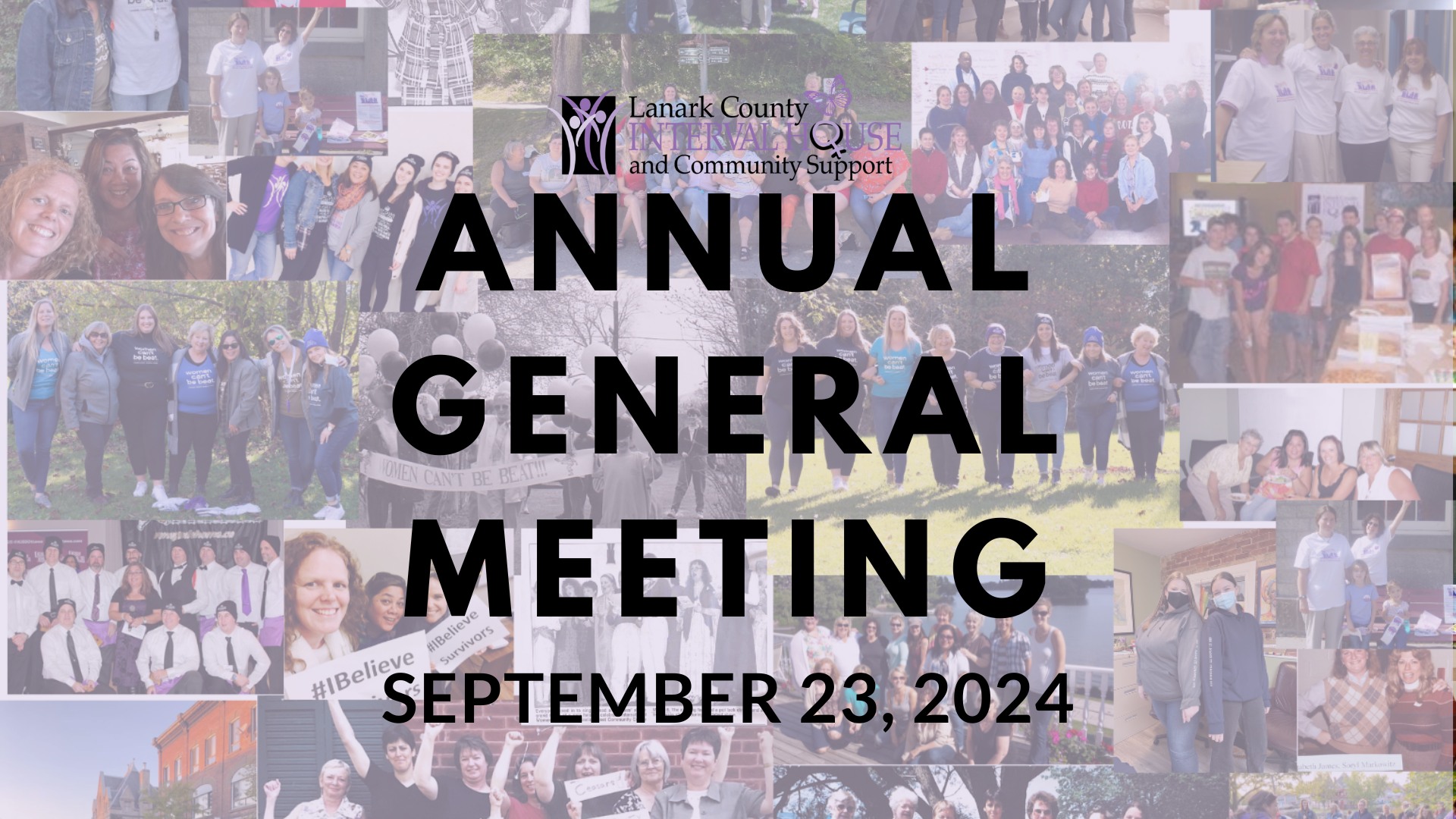 Purple graphic with text 'Lanark County Interval House and Community Support Annual General Meeting September 23, 2024'