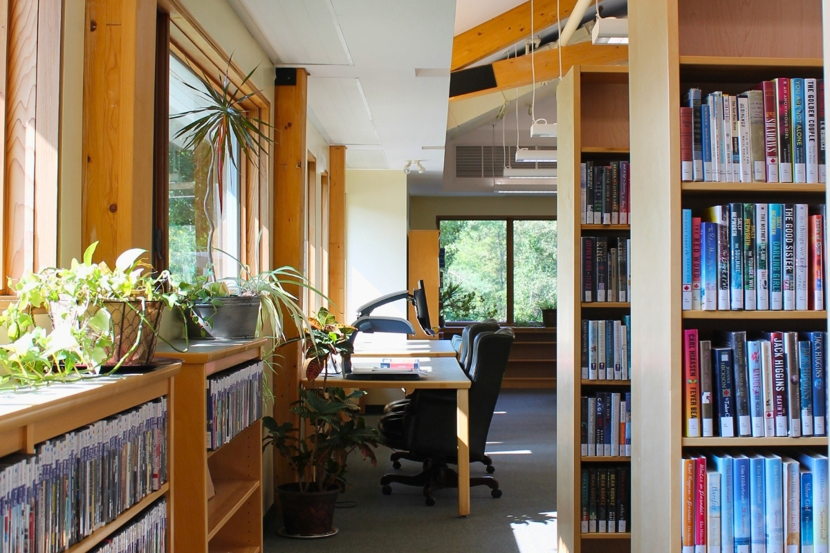 Library aisle with shelves of books