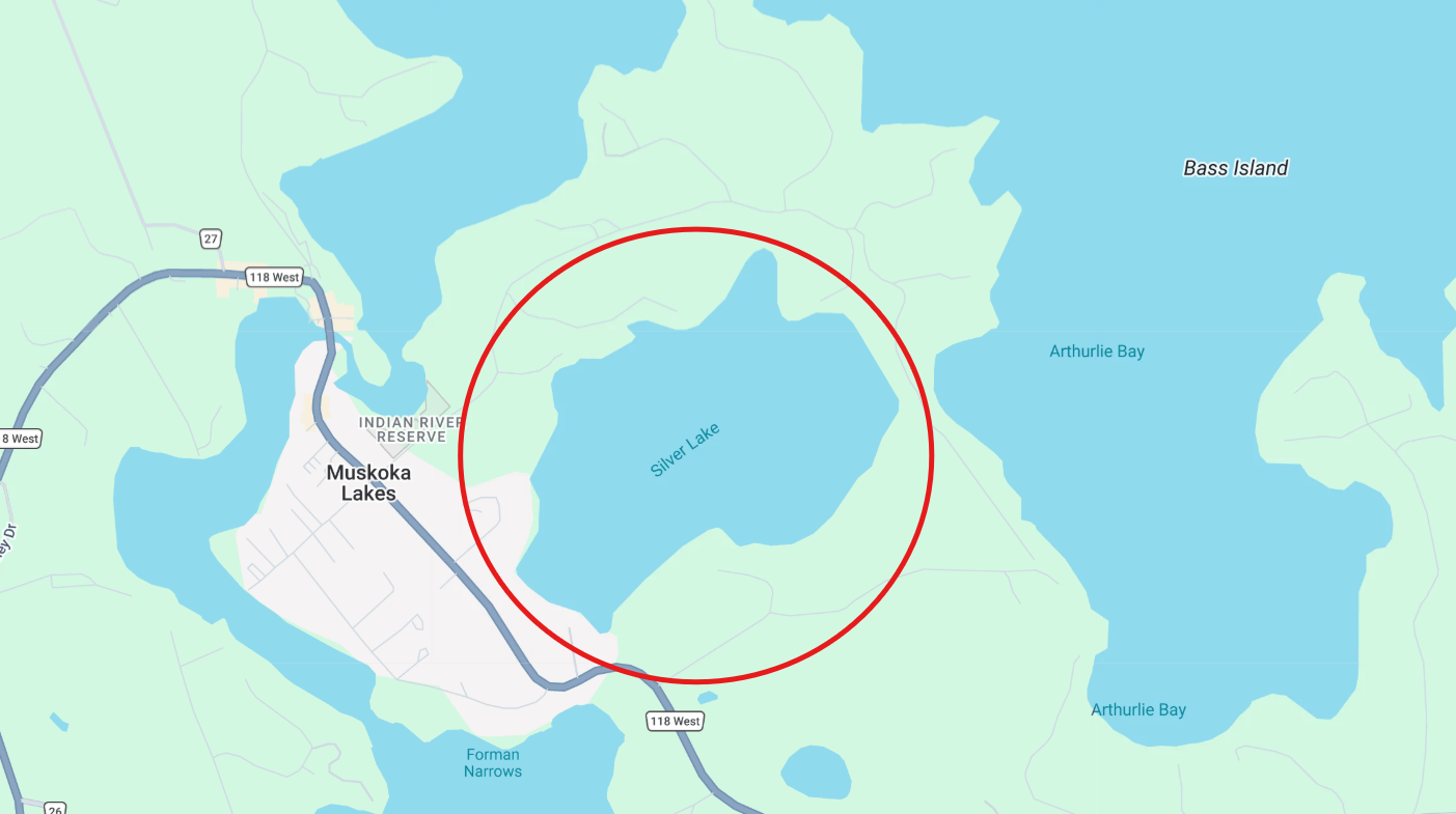 Google Maps aerial view of Silver Lake in Port Carling
