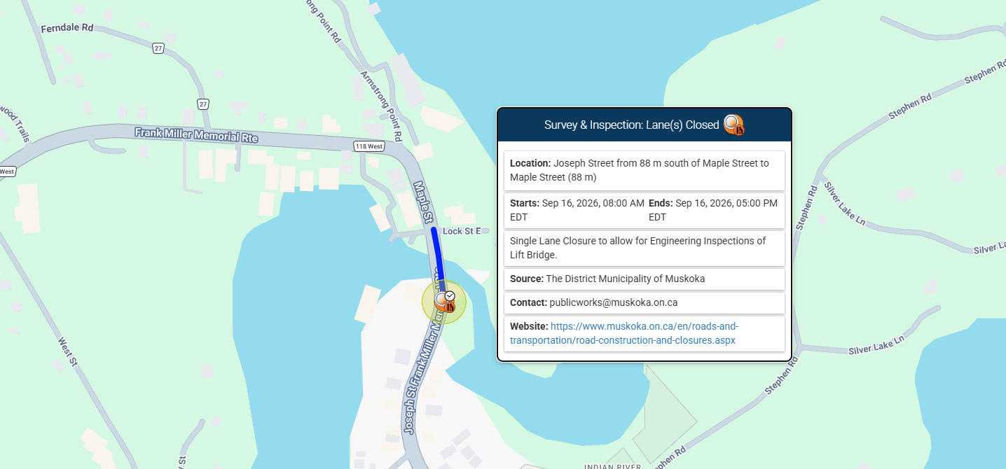 Map of closure area in port carling