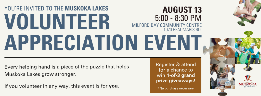 Volunteer appreciation event, august 13, 5-8:30 pm, milford bay community centre
