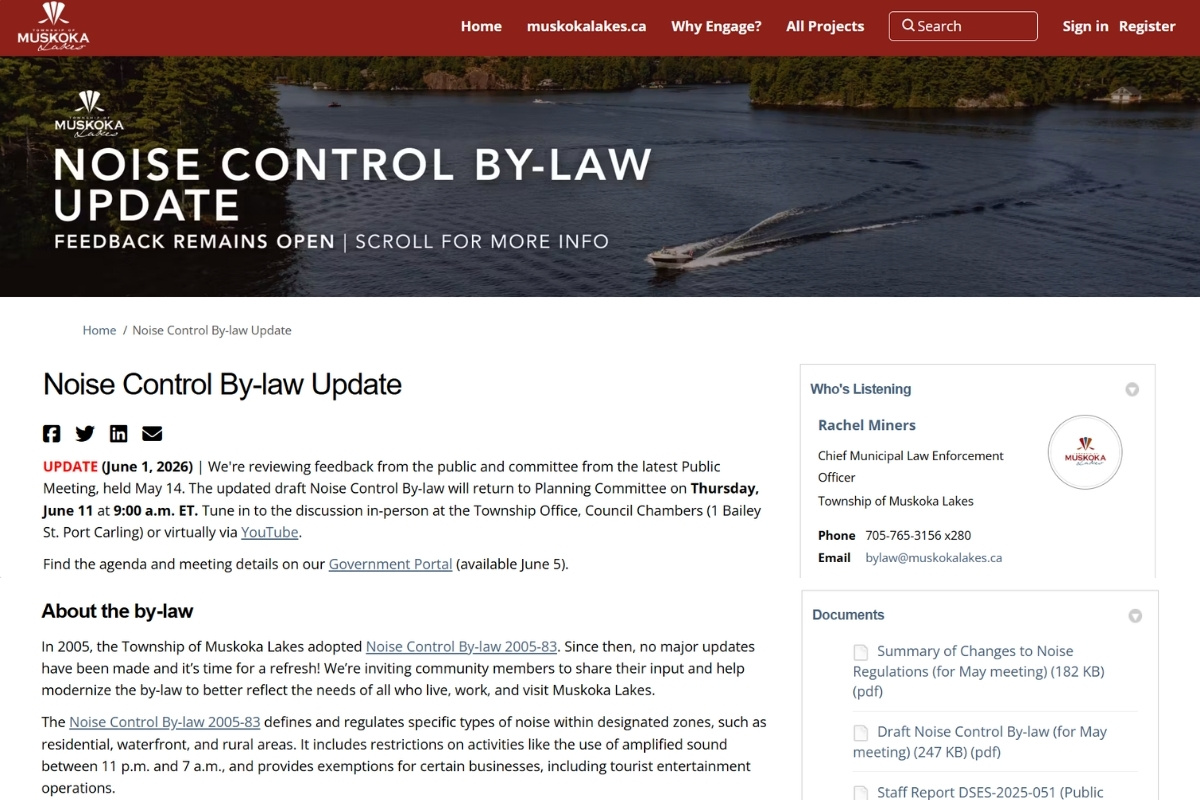 screenshot of noise control engagemuskokalakes.ca webpage