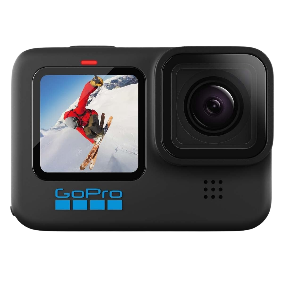 A GoPro camera with a screen featuring a still image of someone mid-ski jump.
