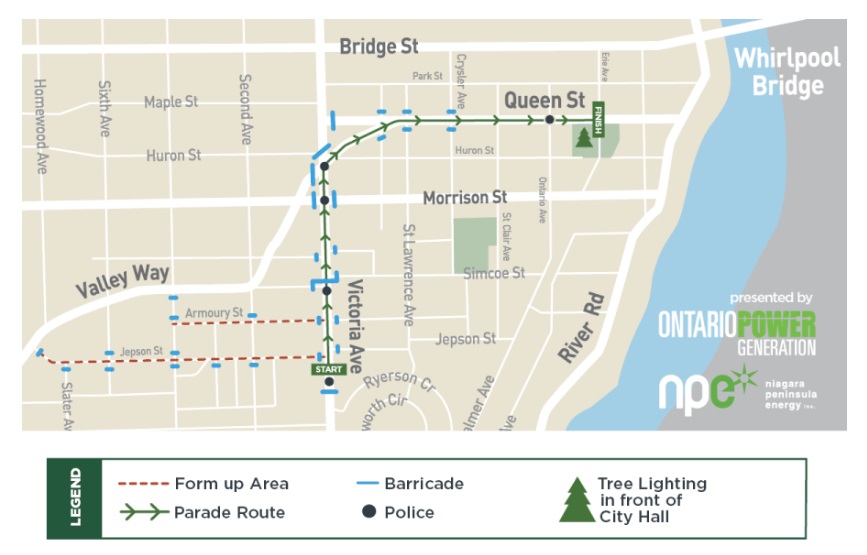 Santa Claus Parade map with route. Starting on Victoria Avenue near Jepson Street and ending at City Hall, 4310 Queen Street.