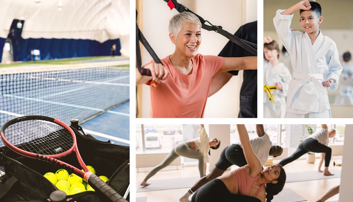 Decorative image panels of various recreational activities.