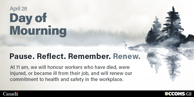 Decorative graphic for Day of Mourning showing art of pine trees and water in background.
