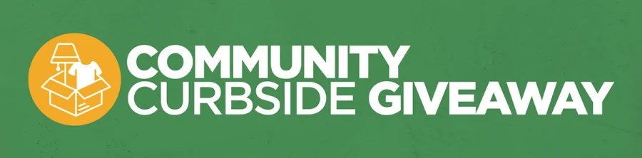 White text "Community Curbside Giveaway" on green background with a yellow circle image of items in a box.