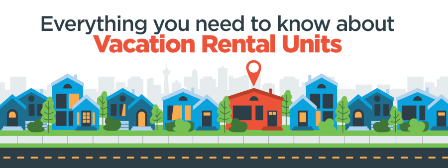 Everything you need to know about Vacation Rental Units banner with a graphic showing houses on a street