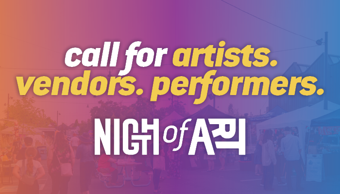 Text "Call for artists, vendors, performers. Night of Art" with event tents and people in the background.