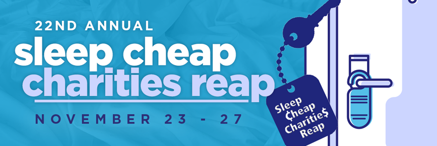 Decorative graphic of a key on a hotel room door and text "22nd Annual Sleep Cheap Charities Reap November 23-27".