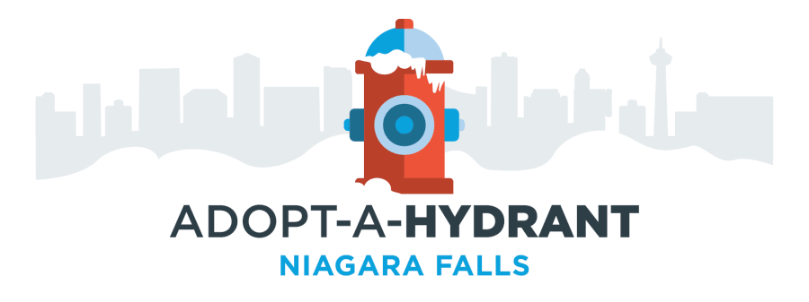 Decorative graphic of a hydrant with city skyline in background