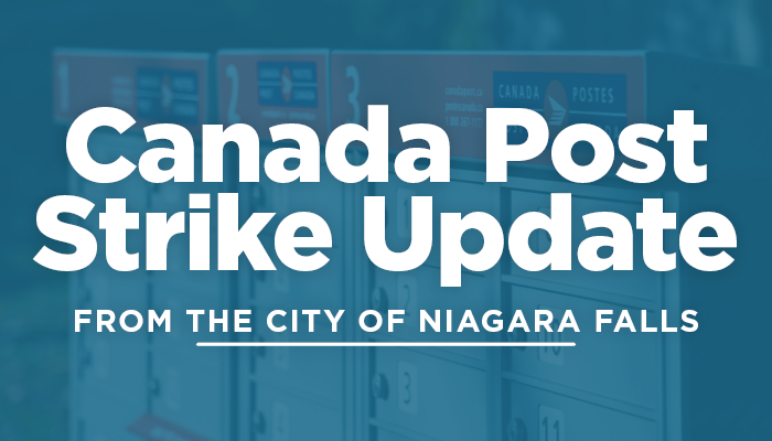 Decorative graphic of white text on blue background with Canada Post super mailboxes in the background.