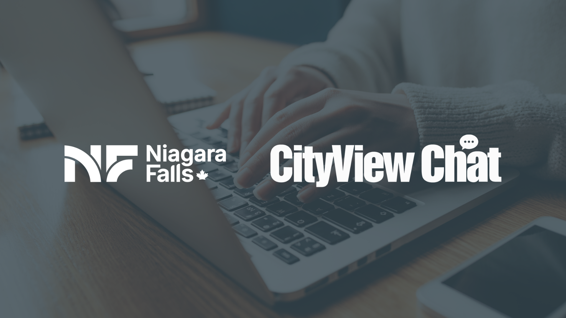 Decorative graphic of a person using a laptop in background and white City of Niagara Falls logo and text "CityView Chat".