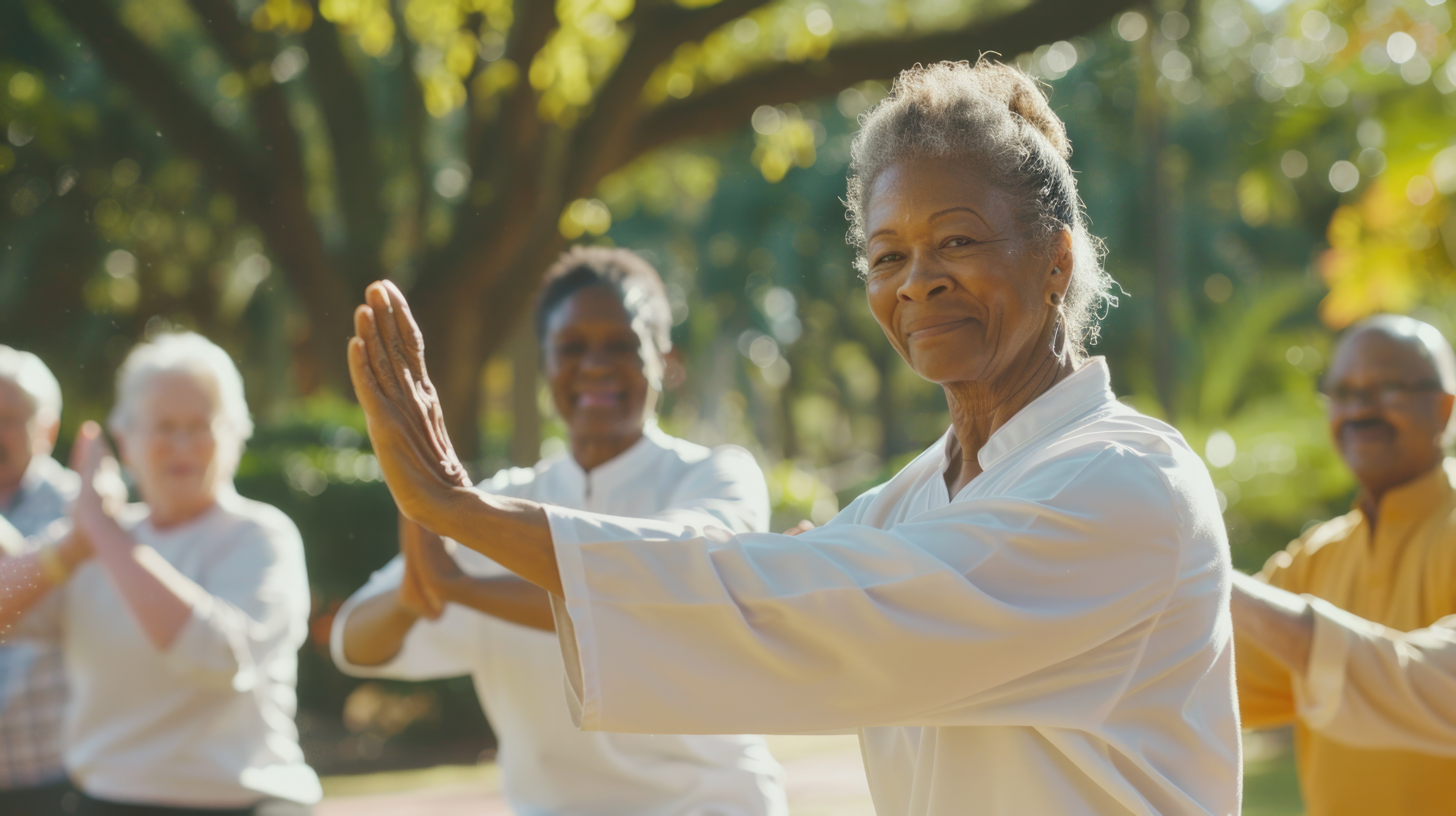 People in a park participating in a class