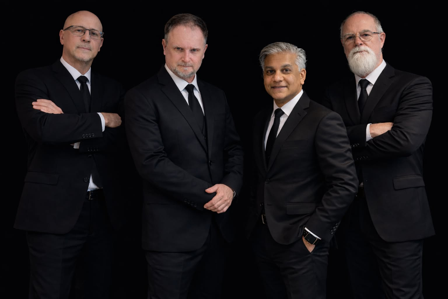 four men in black suit and tie
