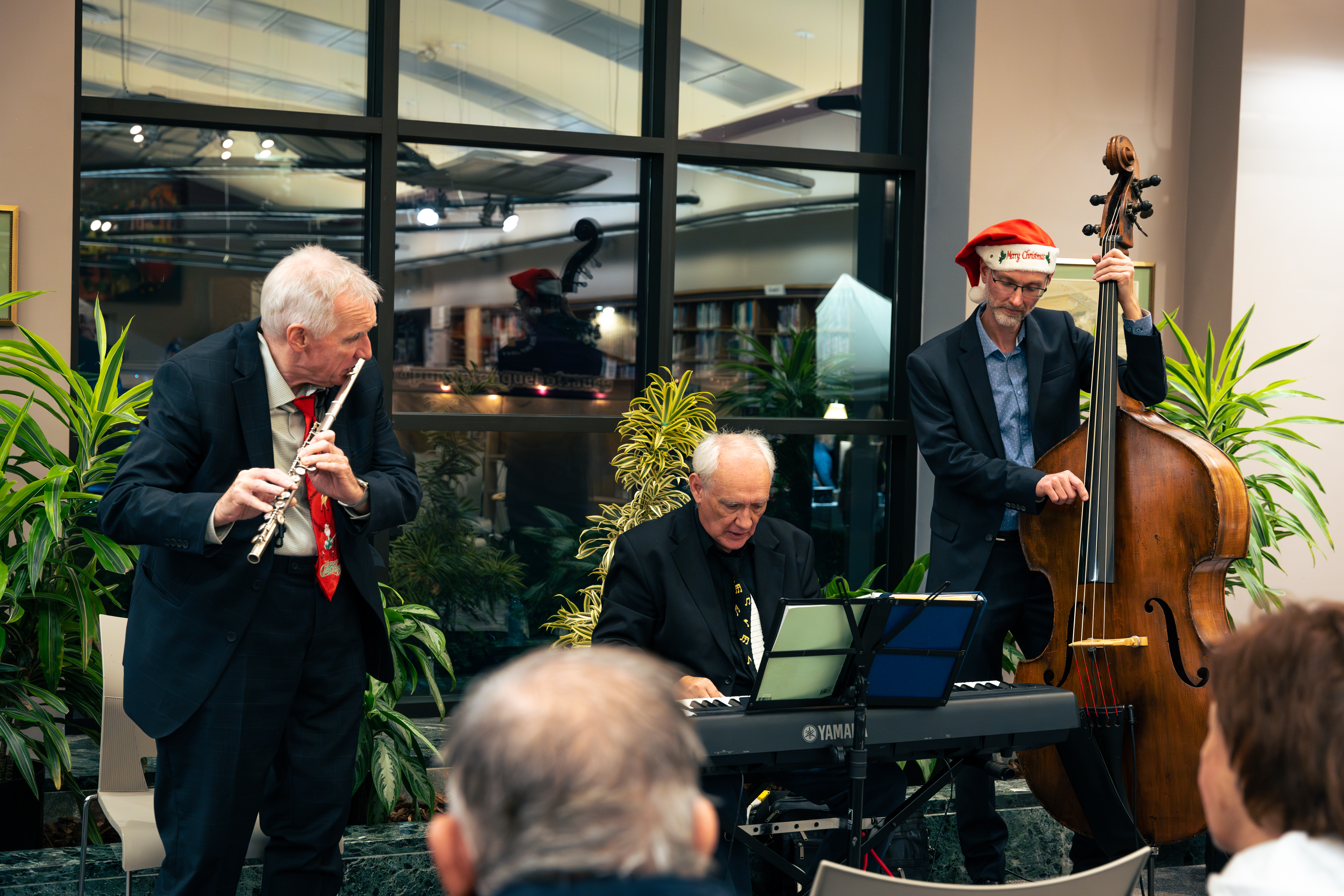 trio of musicians playing in a library