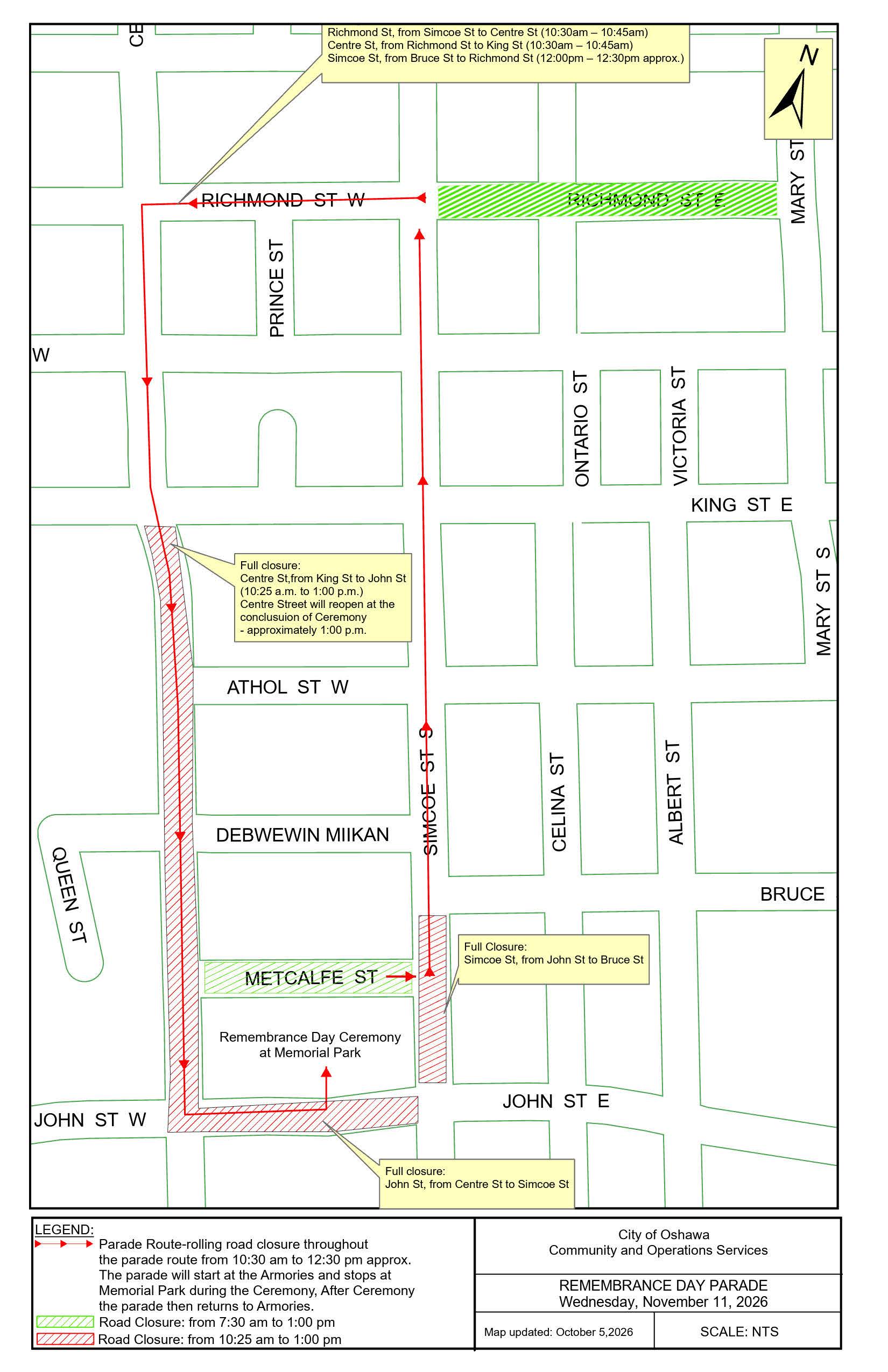 Map of road closures for Remembrance Day Parade