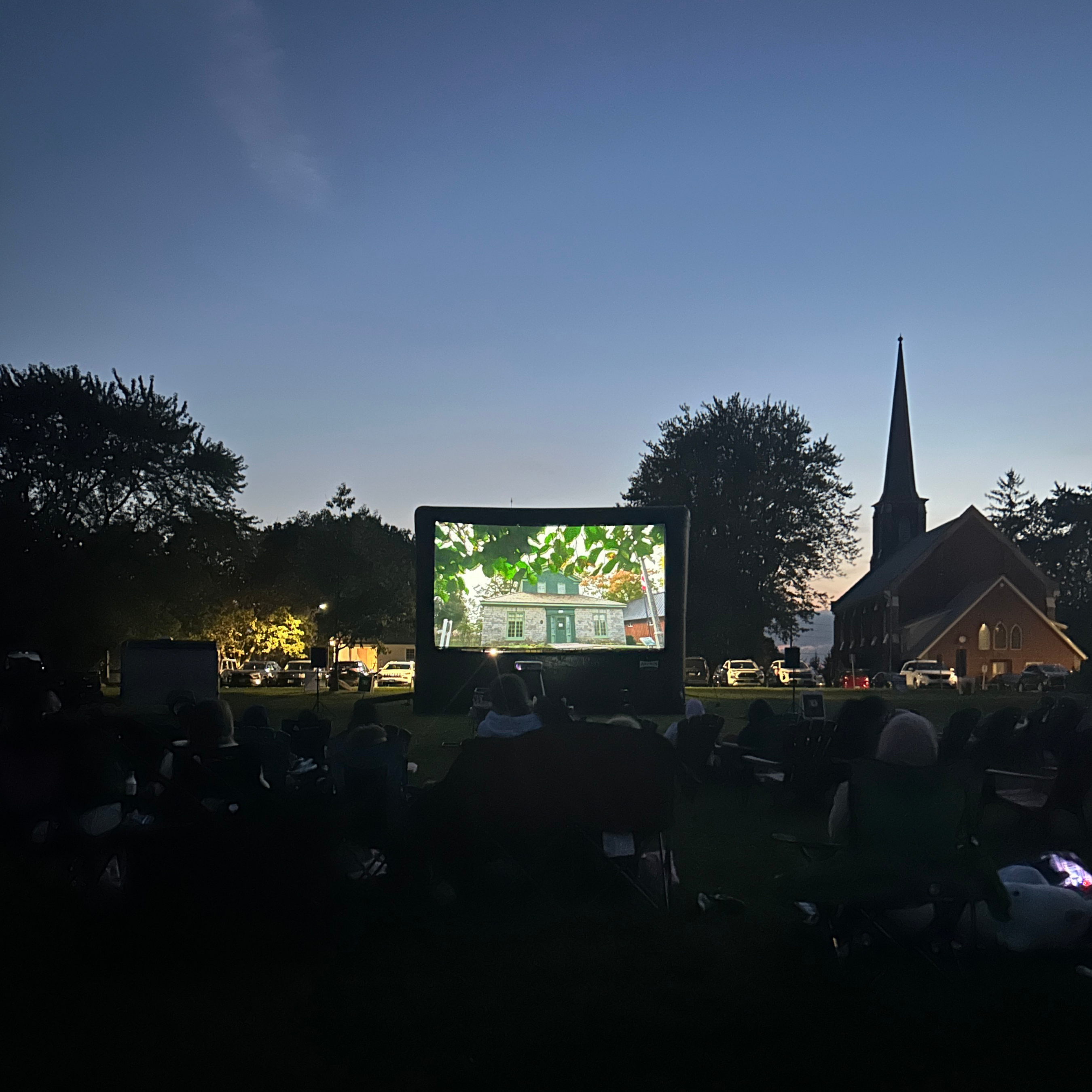 outdoor movie screen at night in park