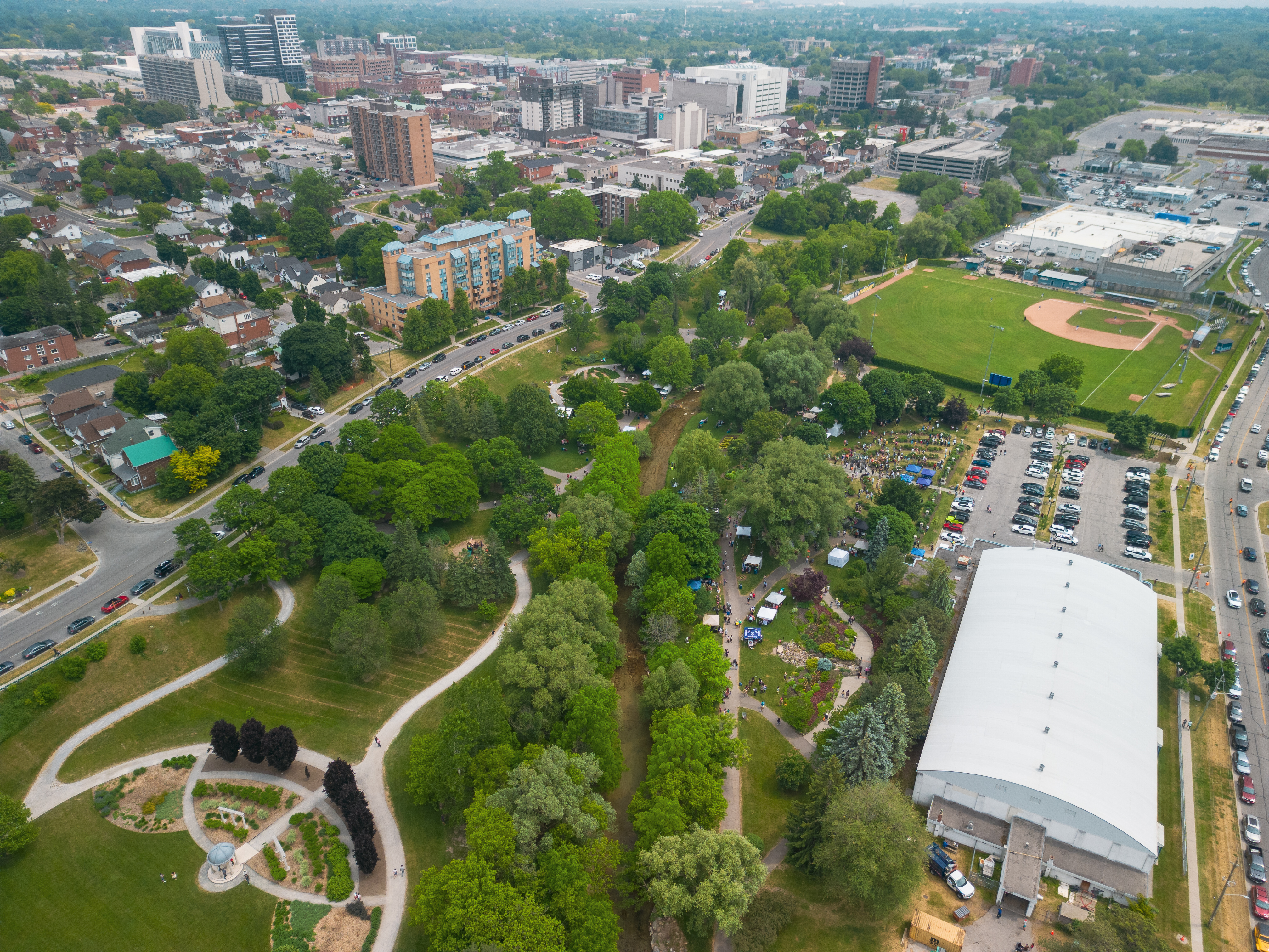Aerial of the City of Oshawa showing buildings and park development